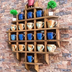 Natural Wooden Coffee Cup Mug Rack with Shelf.Tea Cup Holder,Rustic Modern Wood Wall Mounted Mug Shelf Display,Coffee Display,