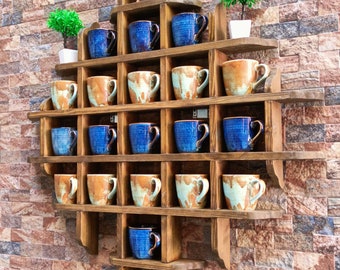 Support pour tasses à café en bois naturel avec étagère. Porte-gobelet à thé, présentoir à tasses mural en bois moderne et rustique, présentoir à café,