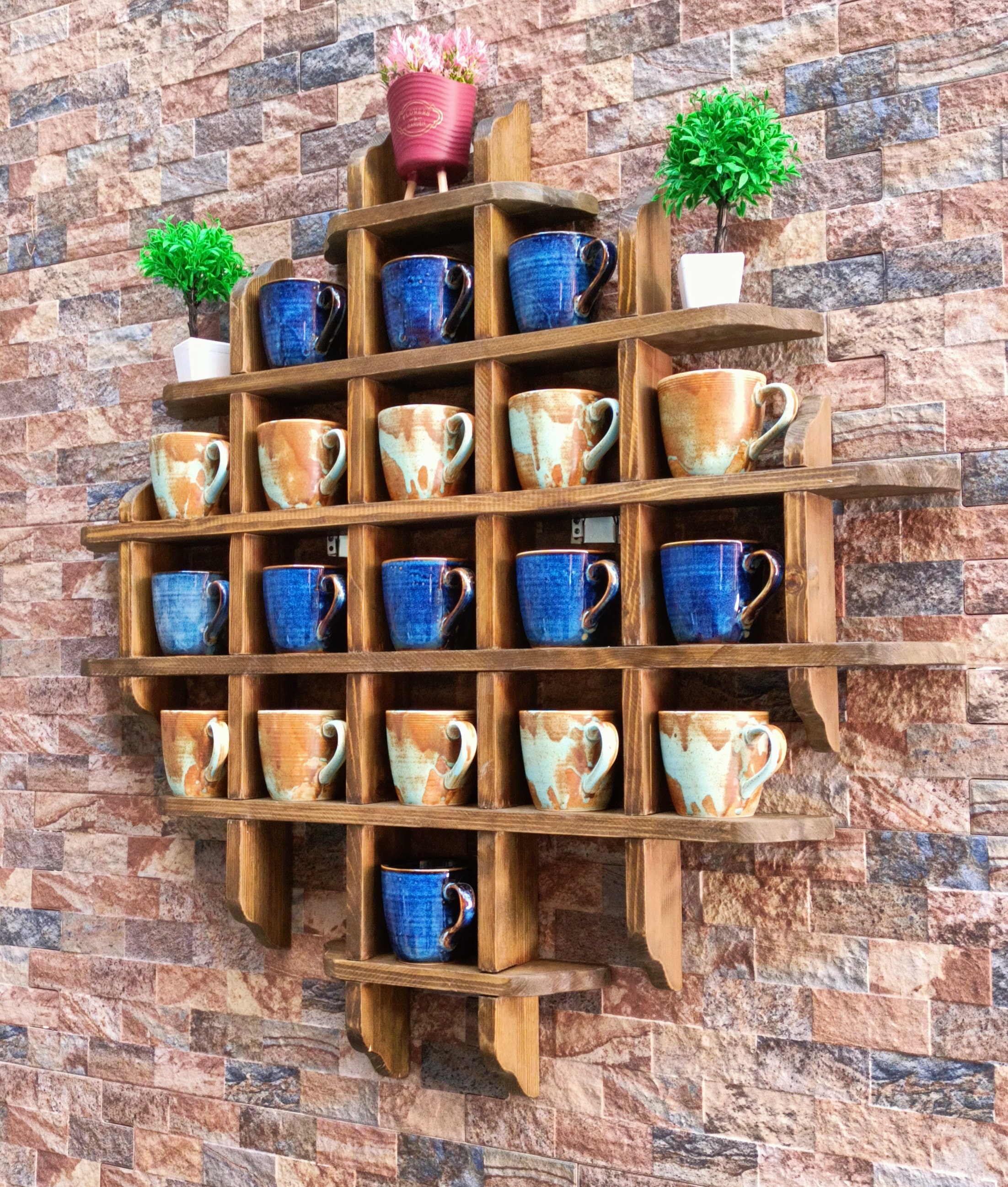 Porta tazze da caffè, 3 ripiani, 6 ganci, albero in metallo dorato