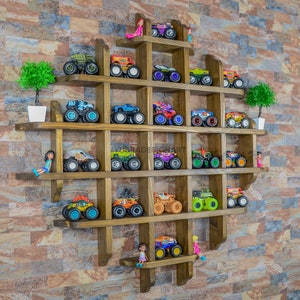Natural Spruce Wood Monster Truck Display Shelf: Toy Car Organizer
