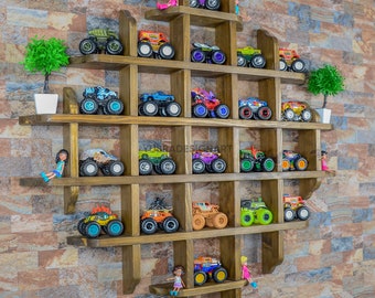 Natural Spruce Wood Monster Truck Display Shelf: Toy Car Organizer