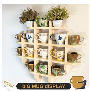 Grand support pour tasses à café en bois avec étagère. Présentoir mural pour tasses en bois moderne et rustique, grand porte-gobelet à thé, présentoir à café