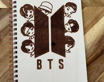 Wooden BTS Boy Band inspired spiral sketchbook