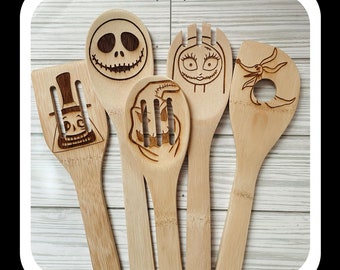 Cocina grabada Utensilios de bambú amantes de halloween regalos decoración de halloween