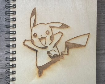 Cuaderno de dibujo de madera con grabado láser de Pokémon Pikachu, 20 hojas