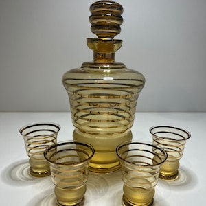 Vintage mid century Bohemia Crystal Amber & Gold Decanter and 4 Matching Glasses