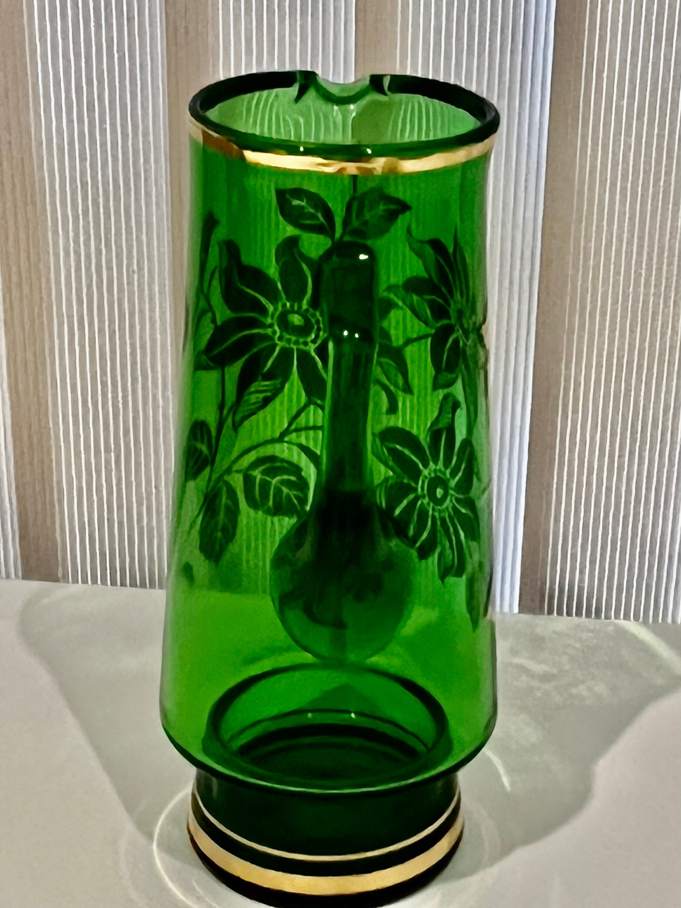 Vintage Green Glass Water Jug/pitcher With Gold Etching 50s Etsy Australia