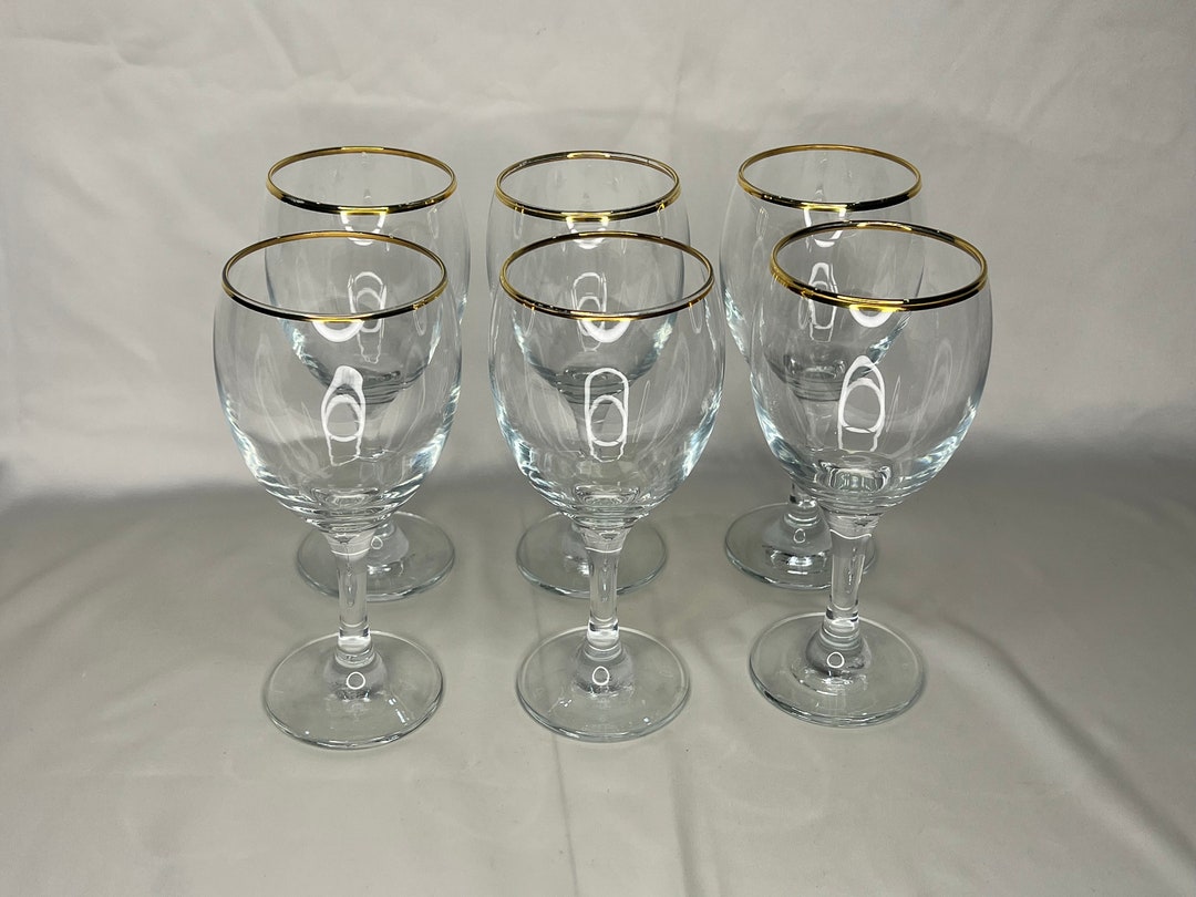 Set of 6 Long Stemmed Gold Rim Wine Glasses, Crystal, Barware - Etsy