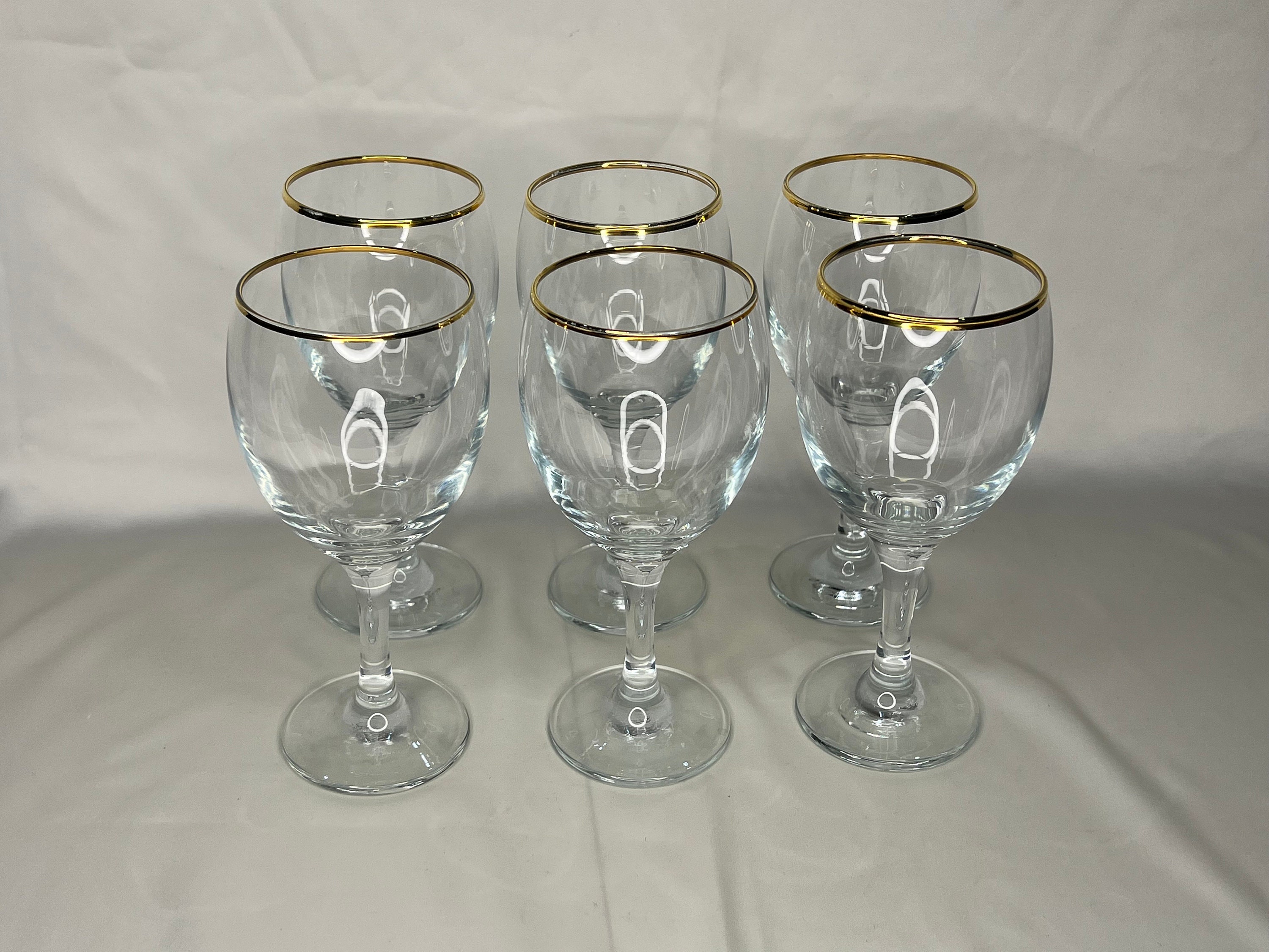 Set of4 Vintage Etched Glass Gold Rim Wine Glasses 2- 7 1/2”, 1- 6 3/4”, 1  7 1/4
