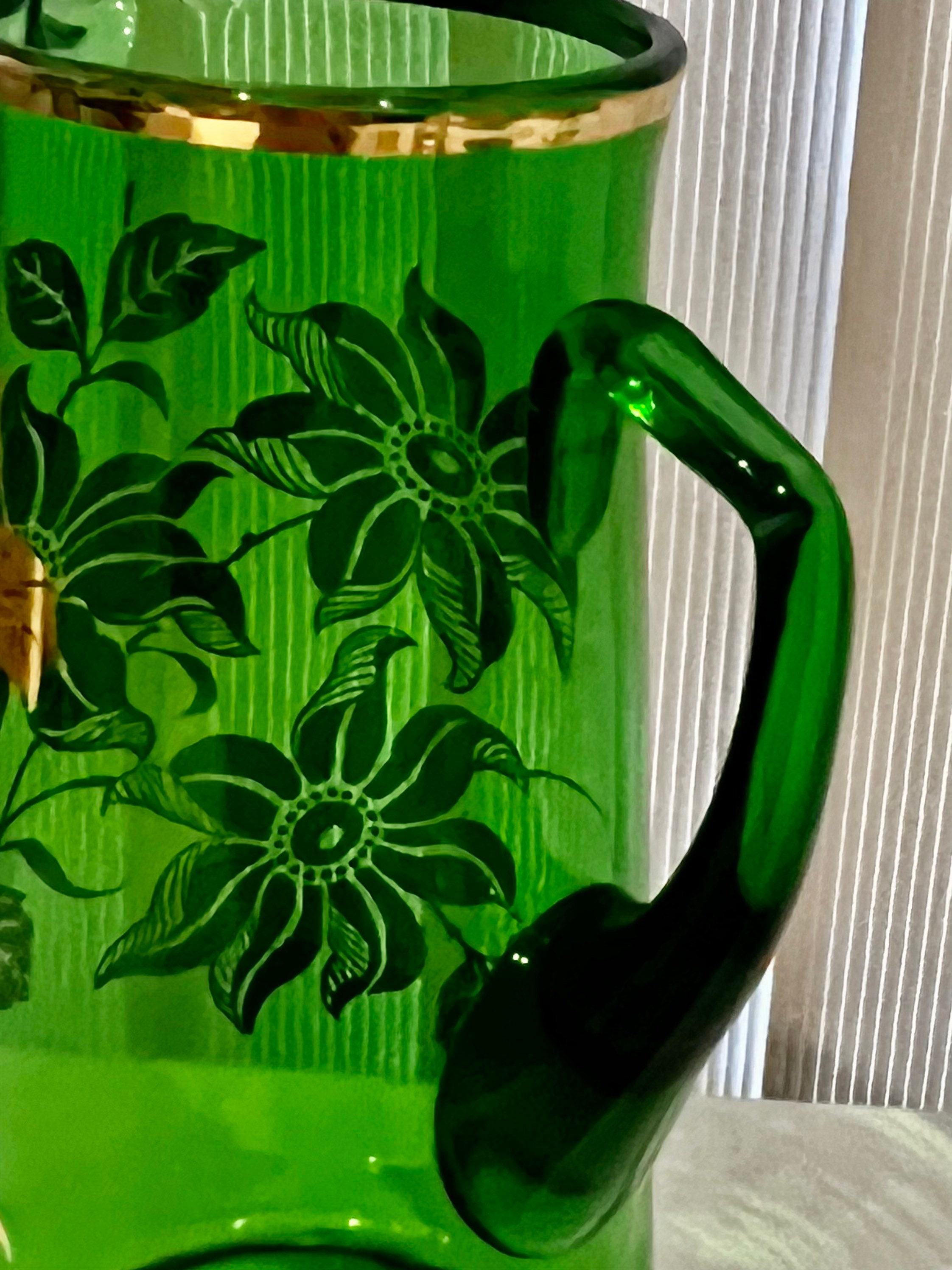 Vintage Green Glass Water Jug/pitcher With Gold Etching 50s Etsy