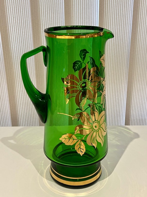 Vintage Green Glass Water Jug/pitcher With Gold Etching 50s Etsy