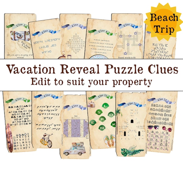 Surprise Vacation Treasure Hunt Clues for teens and adults | Editable Scavenger Hunt cards for a planned trip | Beach reveal
