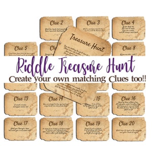 Riddle Treasure Hunt Clues for older kids, teens and adults. Customise printable online. Personalize the templates