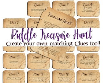 Riddle Treasure Hunt Clues for older kids, teens and adults. Customise printable online. Personalize the templates