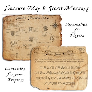 Gioco di caccia al tesoro all'aperto / Mappa del tesoro modificabile e modelli di messaggi con codice segreto