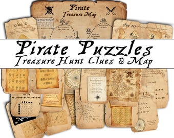 Pirate Puzzle Treasure Hunt that you can edit. Outdoor Scavenger Hunt Clues with old paper style