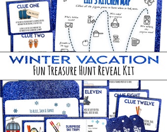 Surprise Ski or Snowboard Vacation Gift Reveal Idea | Treasure Hunt Clues and Map | Fun Riddle Scavenger for kids, teens and adults | ticket