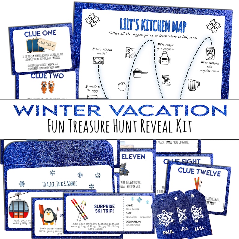 Surprise Ski or Snowboard Vacation Gift Reveal Idea Treasure Hunt Clues