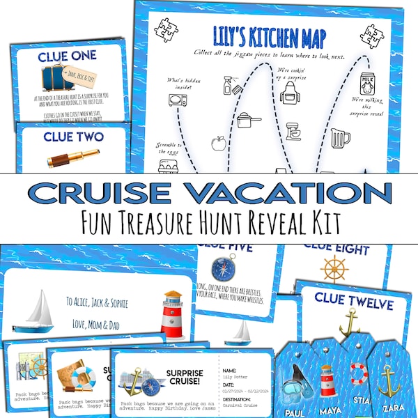 Surprise Cruise Vacation Gift Reveal Idea | Treasure Hunt Clues and Map | Fun Riddle Scavenger  for kids, teens and adults | Boarding ticket