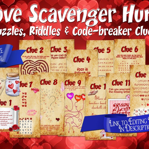 Romantic Scavenger Hunt Clues | Editable puzzles & Riddles Treasure Hunt. Idea for Couples and wholesome enough for kids too