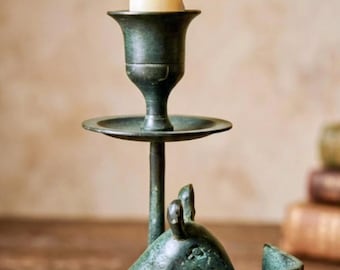 Vintage Verdigris Bronze Reading Mouse Candlestick Holder - Whimsical Bookworm Mouse Taper Candle Stand