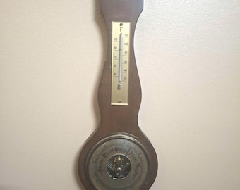 Vintage West German Banjo Weather Station - Wood & Brass Barometer, Thermometer, Hygrometer