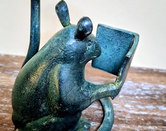 Vintage Verdigris Bronze Reading Mouse Candlestick Holder - Whimsical Bookworm Mouse Taper Candle Stand