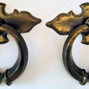 Vintage Brass Batwing Ring Pulls - Set of 2 -  Antique Style Chippendale Drawer Handles