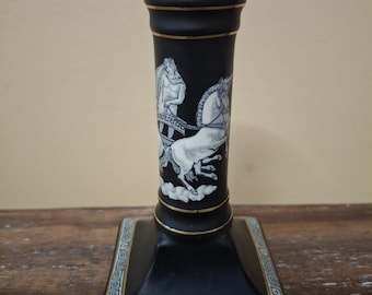 Vintage Greek Ceramic Candlestick Holder Black and 24K Gold | Neoclassical Chariot Scene with Greek Key Border