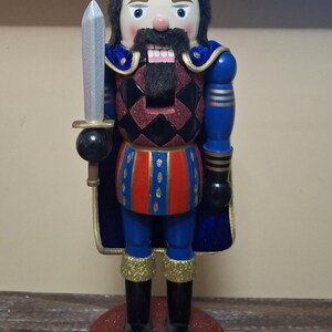 15" Vintage Royal King Wooden Nutcracker Figure  |  Royal Blue  Red Glitter Nutcracker Soldier with Sword & Velvet Cape | Christmas Decor