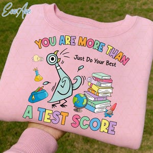 May include: A light pink sweatshirt with a colorful graphic design. The design features a cartoon pigeon, books, a globe, and the text "YOU ARE MORE THAN A TEST SCORE. Just Do Your Best."
