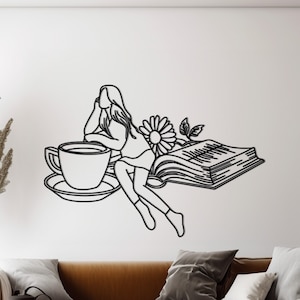 Books, Woman and Cafee Metal Wall Art, Bookish Gifts,Bookish Decor, Love Reading, Bookish Art,  Book Lover Art, Book Lover Gift, Cafee Lover