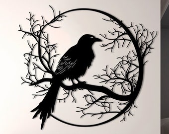 Raven Crow on Branch 2 Metal Wall Art, Animals Wall Art, Living Room Wall Decor, Bedroom Wall Decor, Metal Wall Hanging, Artwork for Walls