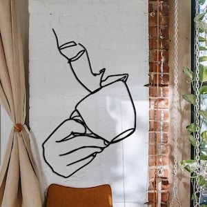 Woman Drinking Coffee Metal Wall Art, Bedroom Decor, Minimalist Line Art, Aesthetic Room Decor, Aesthetic Room Decor, Coffee Decor