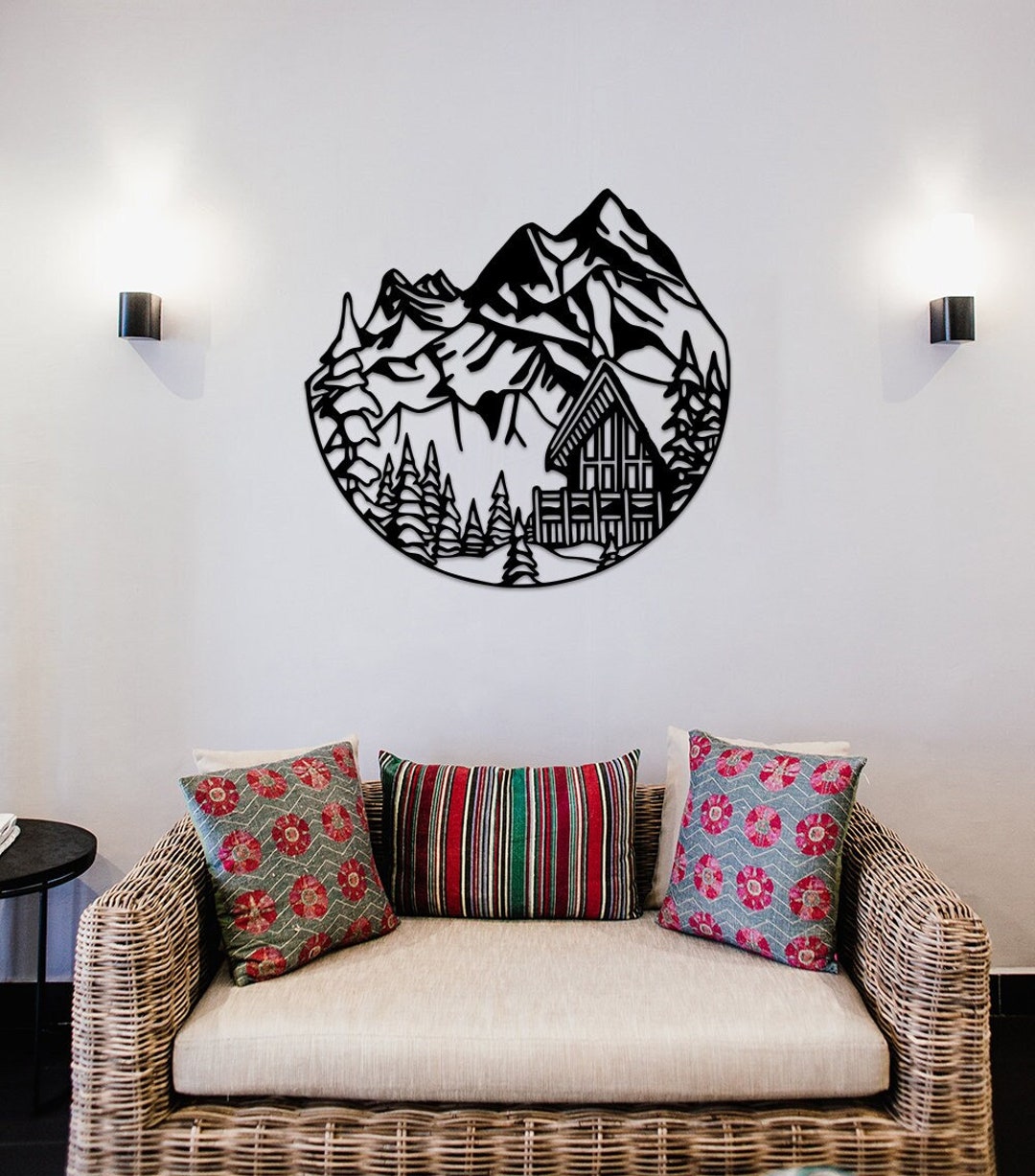 Mountain and House Metal Wall Art, Black Metal Wall Art, Living Room Wall Art, Tree and Mountain