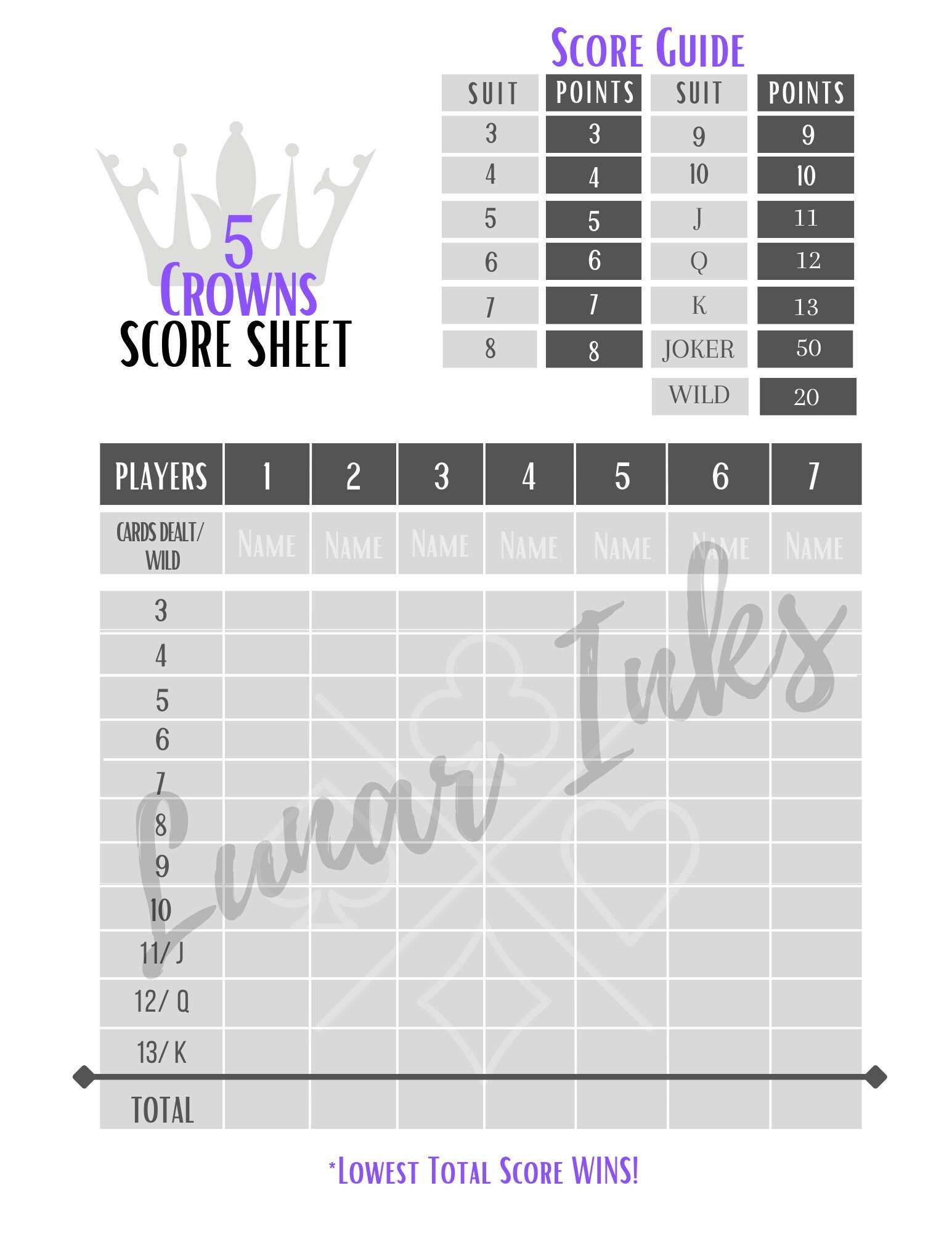 Score Sheet 5 CROWNS .pdf, .png (Download Now) Etsy