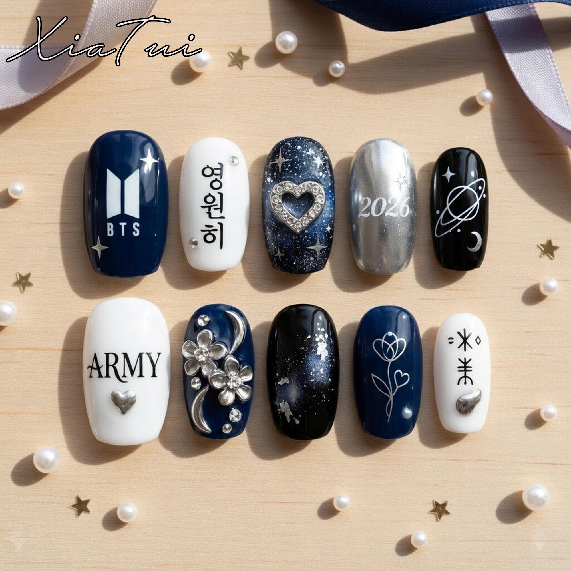 Discover BTS Arirang Album Press On Nails | 2026 Comeback 3D Silver Art | Black and White Monochrome| Member Name Nails | K-pop Concert Gift