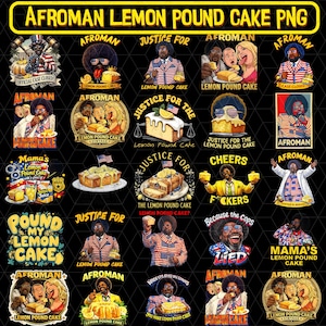 Puede incluir: Una colección de diseños gráficos coloridos con el texto "AFROMAN LEMON POUND CAKE PNG." Las imágenes incluyen ilustraciones de pastel, personas y texto, con una estética vintage. Los diseños están sobre un fondo negro.