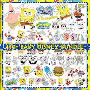 May include: A collection of cartoon character graphics from the SpongeBob SquarePants series, including SpongeBob, Patrick Star, and Squidward. The image also includes the text "140+ BABY DISNEY BUNDLE".