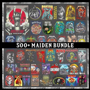 Op de afbeelding: Een verzameling t-shirtontwerpen van bands met logo's en artwork van verschillende rock- en metalbands. De afbeelding bevat ontwerpen voor Metallica, Nirvana en Guns N' Roses. De tekst luidt "500+ Maiden Bundle".