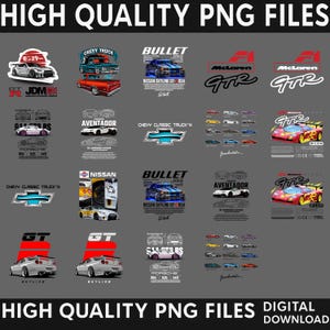 Puede incluir: Una colección de archivos PNG digitales de alta calidad con varios diseños de automóviles. La imagen incluye ilustraciones de vehículos clásicos y modernos, con superposiciones de texto.
