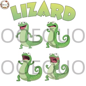 May include: A cartoon illustration featuring four green lizards with varying expressions. The word "LIZARD" is displayed in large, green, block letters above the lizards. The lizards have pink mouths and are set against a white background.