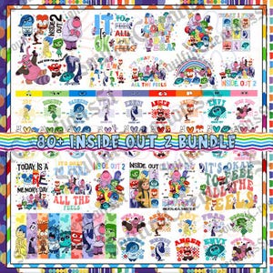 May include: A colorful bundle of digital designs featuring characters and phrases from the animated movie "Inside Out 2". The designs include various emotions, rainbows, and the text "80+ Inside Out 2 Bundle".