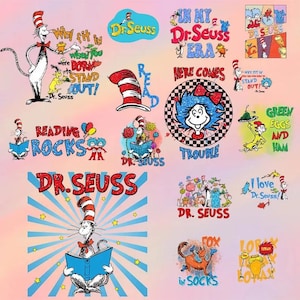 Retro Storybook Cat Hat PNG Bundle, Thing 1 and 2 Digital Download, Green Eggs and Ham Sublimation, Lorax Reading Teacher Fan Gift