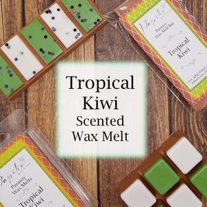 May include: A set of wax melts in a clear plastic container. The wax melts are green and white and have a tropical kiwi scent. The container has a label that says "Papilio Parasoy Wax Melts Tropical Kiwi".