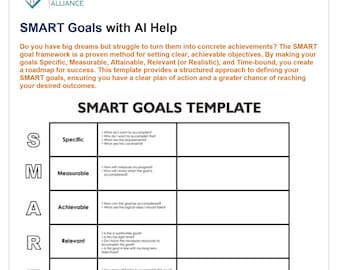 Mall för SMARTA MÅL: Planera och uppnå dina mål! Innehåller ett exempel + AI-uppmaningar för extra insikt.