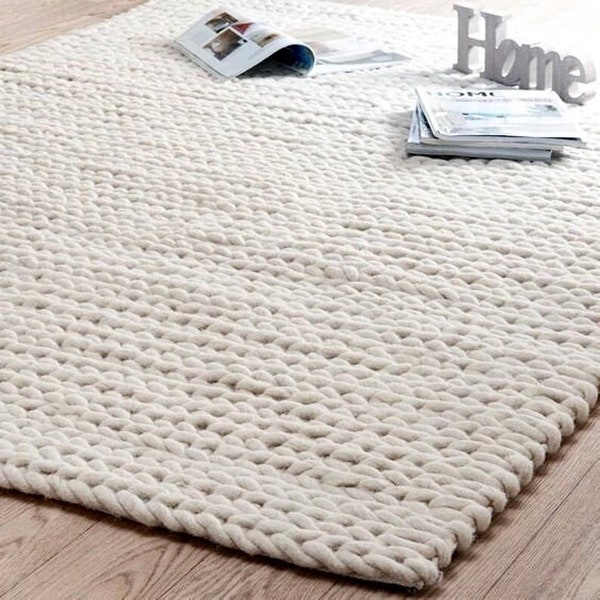 Hand Knitted Chunky Wool Area Rug, Ivory/Off White Rug