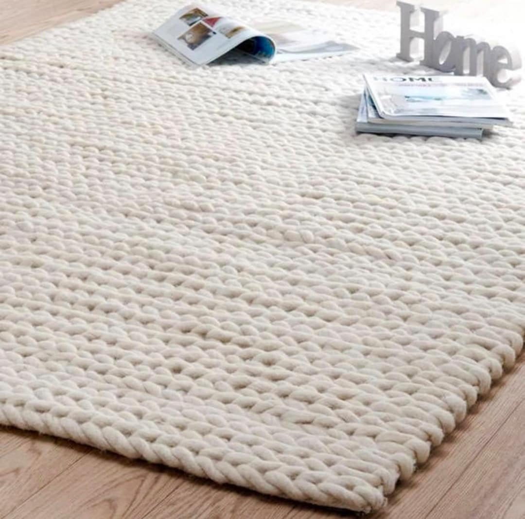 Cozy Hand Knotted High Pile Soft Rug Rectangle, Runner, Oval,Round, Chunky Wool Rug 4x6 5x8 6x9 8x10 Cream Off White Ivory fluffy Carpet Rug
