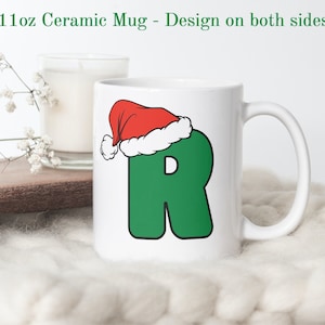 Caneca com a letra 'R' de Natal, caneca com a primeira inicial, caneca com a letra, caneca de café com monograma, caneca com chapéu de Papai Noel, presentes com menos de 30 anos, caneca de presente de Natal especializada