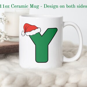 Caneca com letra 'Y' de Natal, caneca com a primeira inicial, caneca com letra, caneca de café com monograma, caneca com chapéu de Papai Noel, presentes abaixo de 30, caneca de presente de Natal especializada
